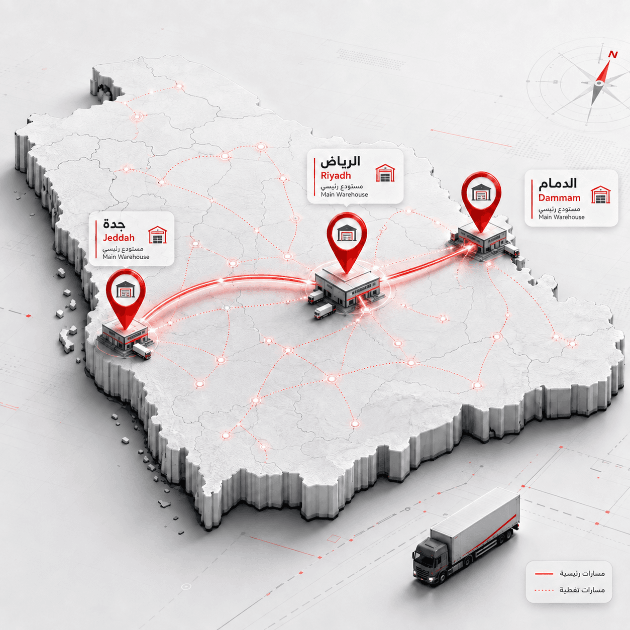 خريطة تفاعلية لمواقع مستودعات شركة الدعم الطبي داخل المملكة