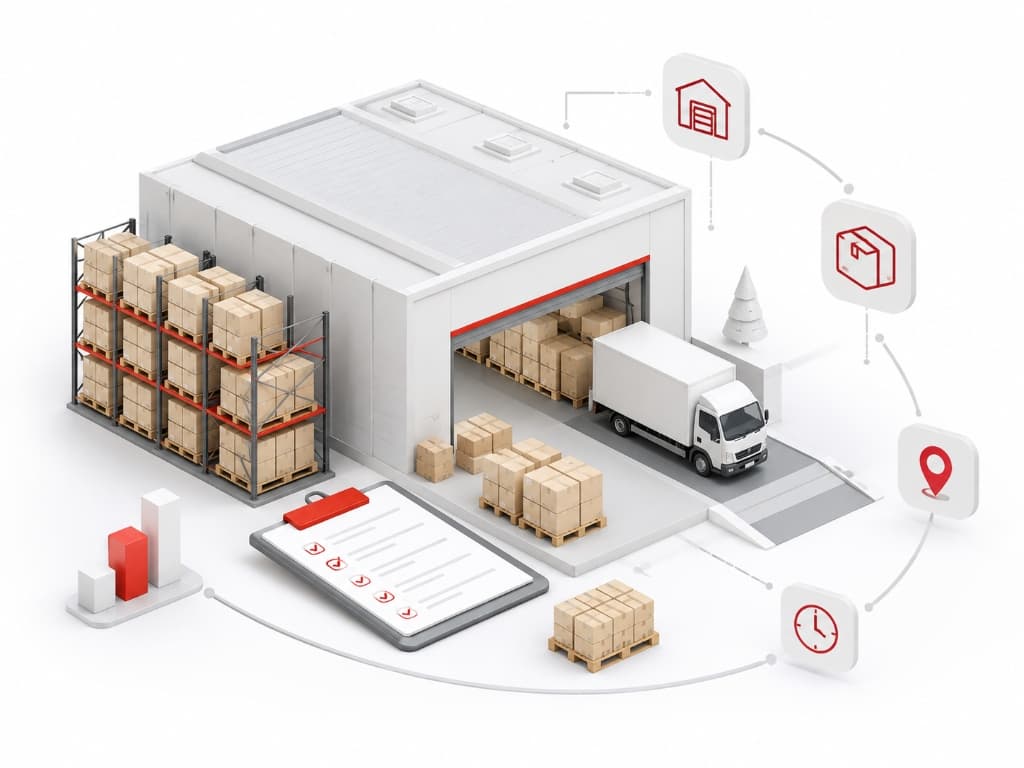 Modern third-party warehousing facility with freight logistics and order fulfillment