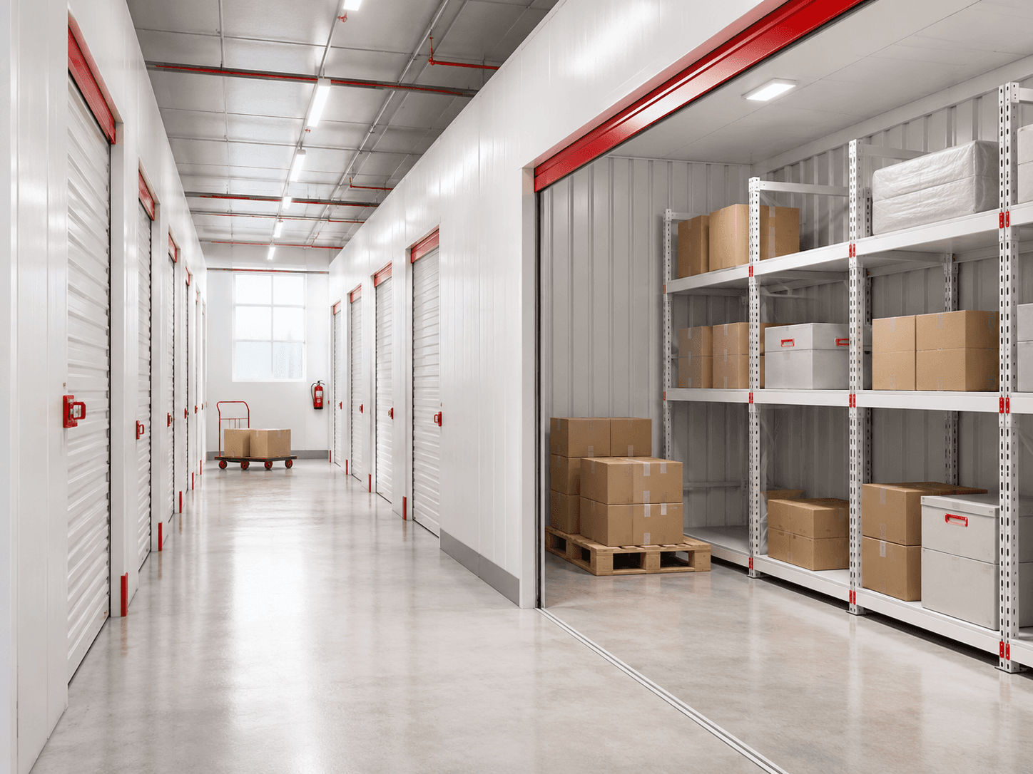 Bright self storage corridor with storage units and organized boxes on shelves
