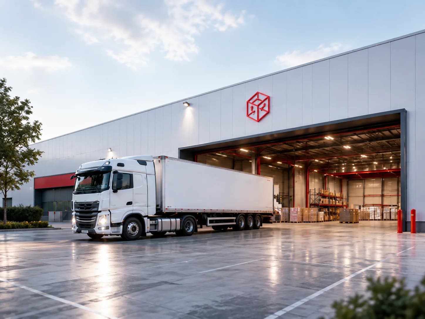 Truck outside a modern logistics warehouse