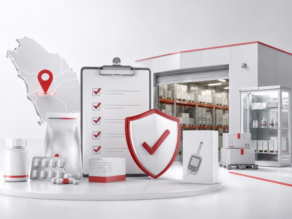 SFDA compliance — checklist, medical products, warehouse, and Saudi Arabia map