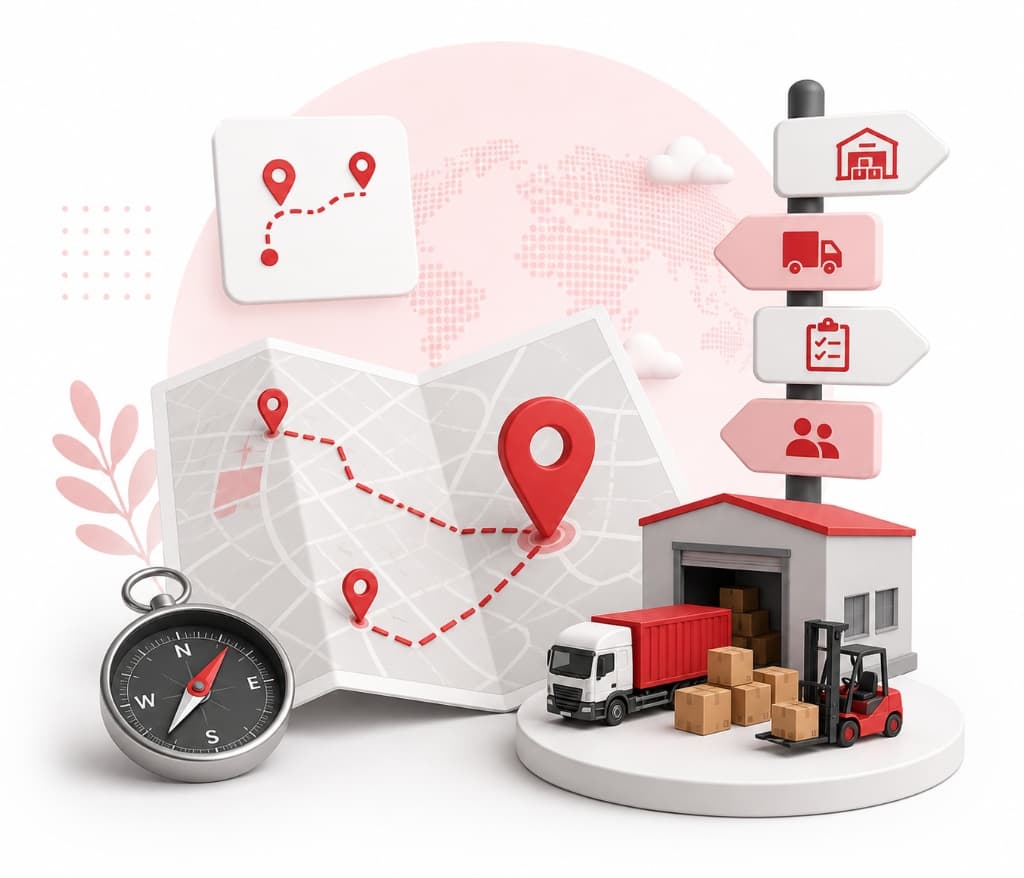 Logistics Solution Finder — map, compass, and warehouse